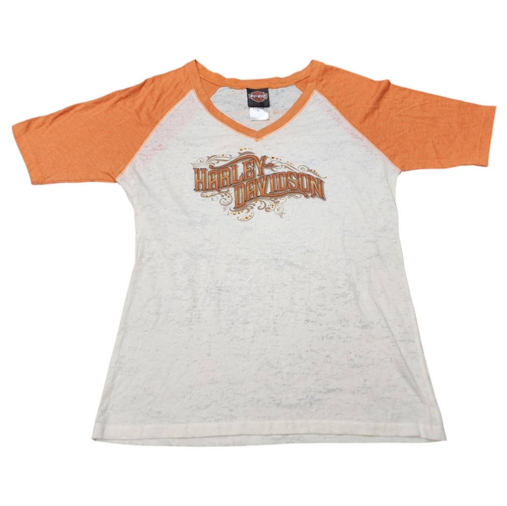 Harley Davidson Womens T Shirt Florida Burn Out Semi Sheer White Orange Size L